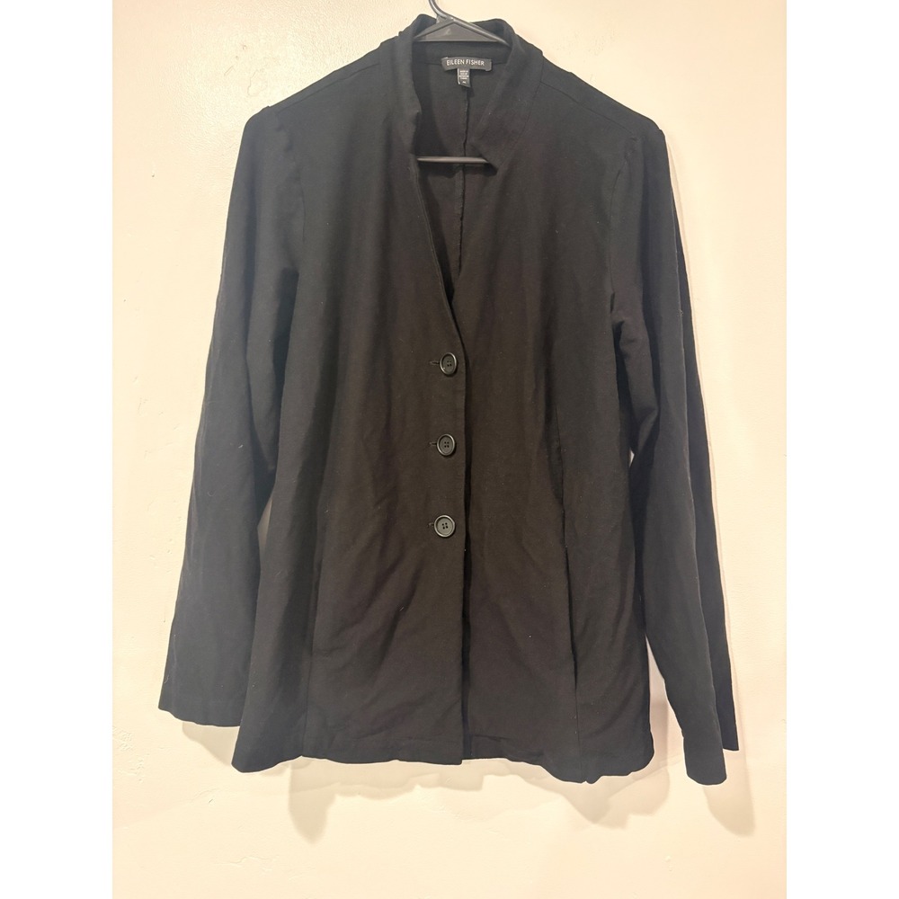 Eileen Fisher Womens Black Ponte Knit Stand Collar 3 Button Blazer Jacket Size M